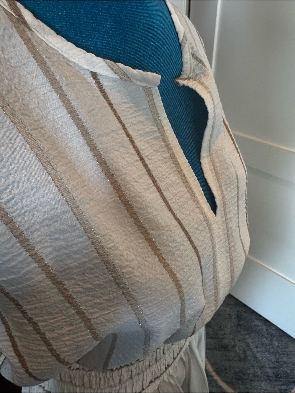 Calvin Klein Cream Striped Smocked-Waist Midi Dress - Picture 3 of 4